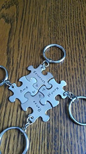 HandmadeHand Stamped Personalized Puzzle Piece Keychains - Great for Best friends - Family - Bridal Party - Sisters - Mother Daughter Keychains - Wedding Party - Set of 4