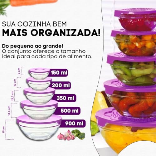 Kit Conjunto 5 Potes de Vidro Organizadores de Cozinha Tigelas de Vidro Armazenar Alimentos Saladas Frutas e Marmitas Tampa à Prova de Vazamentos Premium - Cores Sortidas