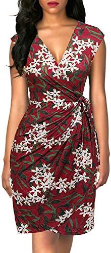 Berydress Women's Vintage V-Neck Sheath Casual Party Work Faux Black Wrap Dress