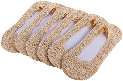 TAMURE 6 Pairs Womens Anti-Slip No Show Floral Low Cut Liner Hidden Elastic Lace Footies Boat Socks Black White Beige (6 Pairs x Beige)