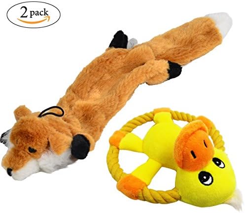 Squeaker Dog Chew Toys - Skinneeez Stuffingless Fox, Duck Frisbee With Squeakers, 2 Pack