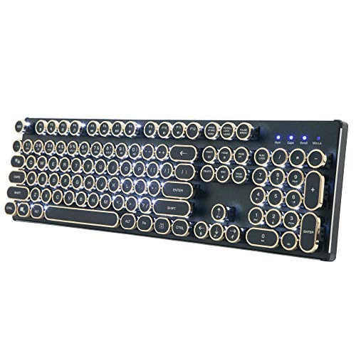 Migree USB Backlit Retro Typewriter Mechanical Keyboard – Khail Blue/Brown Switch – Full Metal Boby – LED Vintage Inspired Steampunk Gaming Keyboard–Mechanical Gaming Keyboard for PC/Mac/Gamer/Typist