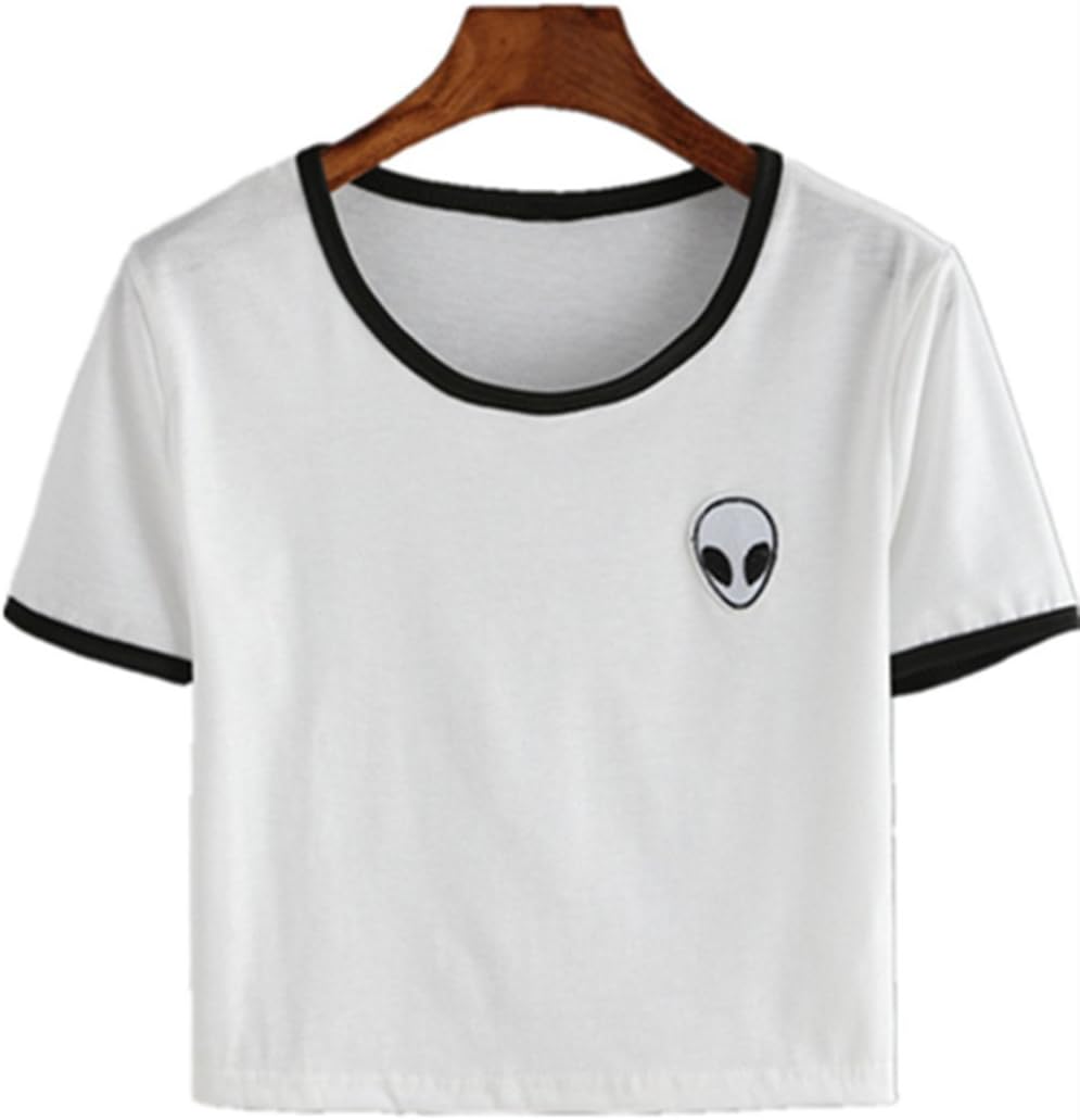 Blogger Striped ET Teen Girls Alien Crop Top Slim Tees Short Sleeve T-shirt (S(US7-8), White)
