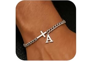 chorfla Cross Beaded Bracelets for Men Initial A - Z Faith Cross Bracelets, Stainless Steel Fashion Initial Charm Chain Bracelet Religious Jewelry Gift for Men