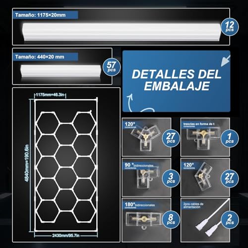Luces Led Hexagonales, Luz Led Hexagonal para Garaje de 6500k, 14 Cuadrículas Luz Lámpara de Techo para Cochera, Gimnasio, Sala de Juegos, Almacén, Sótano, Tienda