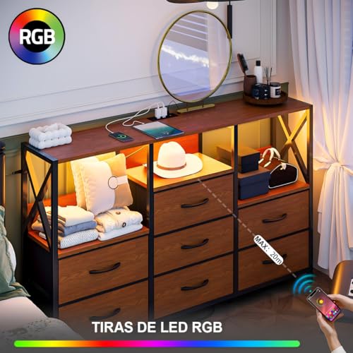 SIMPLE ESPACIO Cajonera para Recamara,Comoda Cajonera para Recamara con Toma de Corriente y Luz Led,Cajoneras (con 7 Cajones de Tela),Cajoneras Abierta Paras Recamaras.(Nogal)