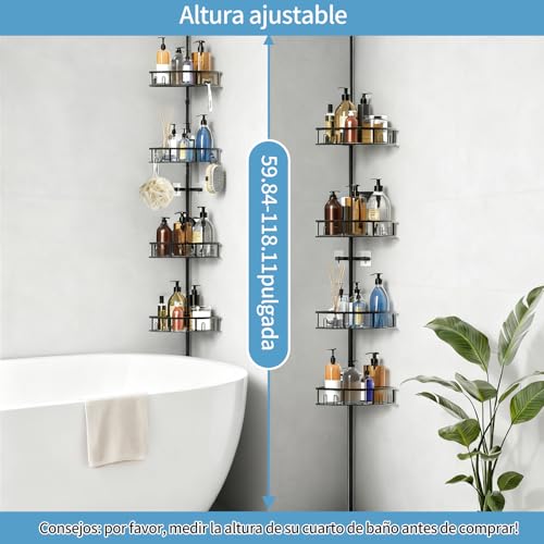 Organizador Para Baño Esquinero Regadera,Organizador de Baño Regadera Esquinero Con hebilla Ajustable 60-118 inch,con 4 estantes,1toallero y 4 ganchos,acero inoxidable,la oxidación,para cocina baño.