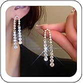 Zeshimb Long Tassel Rhinestone Chain Earring CZ Geometric Bar Dangle Earrings Small Pearl Beaded Stud Earrings Vintage Pearl Crystal Vertical Chandelier Earrings Wedding Prom Jewelry for Women