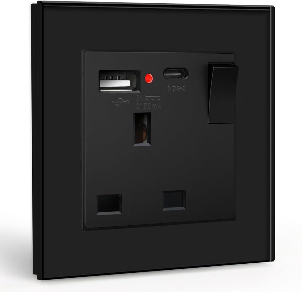 BSEED Single Switched Socket with USB C USB A UK 1 Gang 13A Black