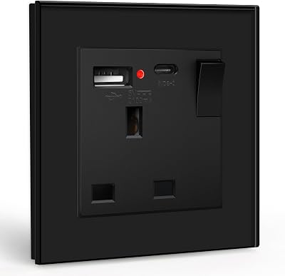BSEED Single Switched Socket with USB C USB A UK 1 Gang 13A Black