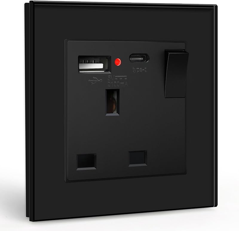 BSEED Single Switched Socket with USB C USB A UK 1 Gang 13A Black
