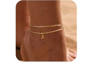VIROMY Initial A-Z Gold Ankle Bracelets for Women 14K Gold Plated Dainty Waterproof Layered Figaro Dot Link Chain Ankle Brace