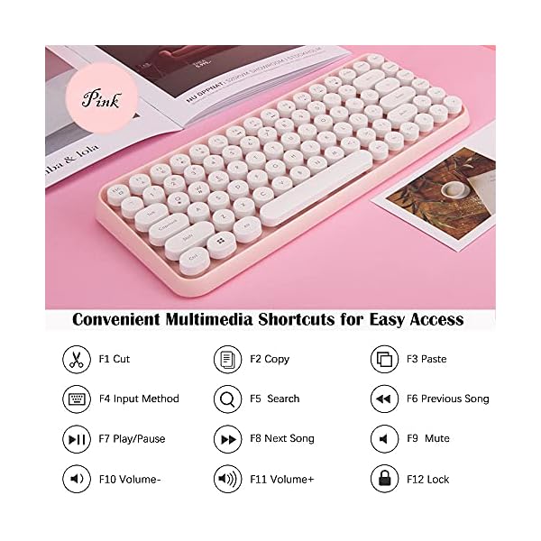 FELiCON-Wireless-Bluetooth-Keyboard-Compact-84-keys-Lightweight-KeyboardRetro-StyleMatte-TextureTypewriter-DesignCompatible-with-Android-iOS-Windowsfor-PCLaptopSmartphone-Pink FELiCON 308i Retro Wireless Keyboard, Bluetooth Silent Cute Computer Keyboard with Round Punk Compact 84 keys…