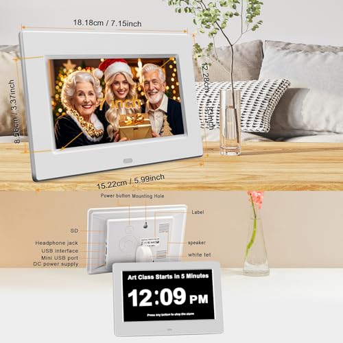 Youyu 7" Dementia Clock for Dementia Sufferers, Digital Calendar & Digital Alarm Clock for Elderly, Dementia Clocks with Days Dates and Time of Day, Remote & HD Picture Frame, White