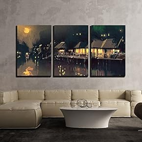 Illustration Village Beside River Night Scene Landscape Illustration x3 Panels