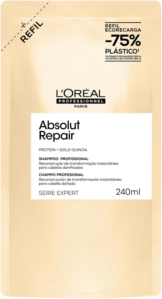Shampoo Reconstrutor L'Oréal Professionnel para Cabelos Danificados e Finos | Serie Expert Absolut Repair, Refil, com Quinoa Dourada, Reparação Profunda e Brilho, 240ml