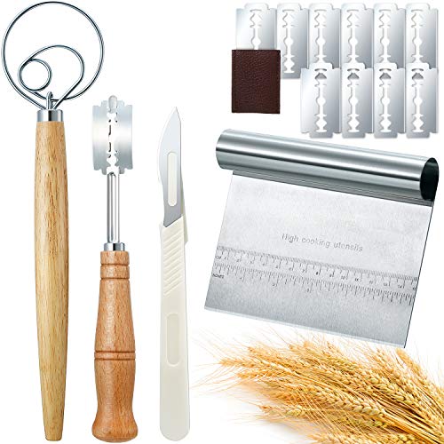 Danish Dough Whisk Bread Mixer, Wooden Handle Bread Lame with 10 Pieces