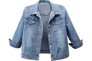 AMEBELLE Women's 3/4 Sleeve Strech Distress Slim Crop Denim Jean Trucker Jacket