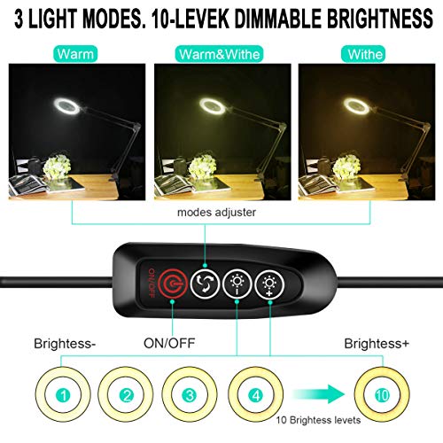LANCOSC LED Magnifying Lamp with Clamp, 10 Levels Dimmable, 3 Color Modes, 5-Diopter Real Glass Lens, Adjustable Swivel Arm Lighted Magnifier Light for Desk Table Craft Workbench Close Work-2.25X