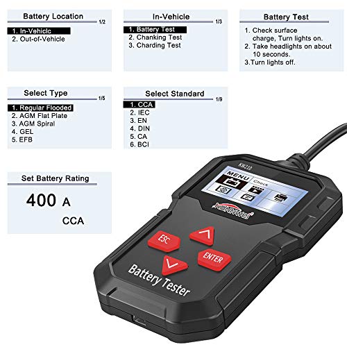 KONNWEI KW210 Car Battery Tester 12V Automatic Smart Check Backlit Screen Black Auto Battery Analyzer on CCA DIN EN IEC 100-2000 CCA 220AH