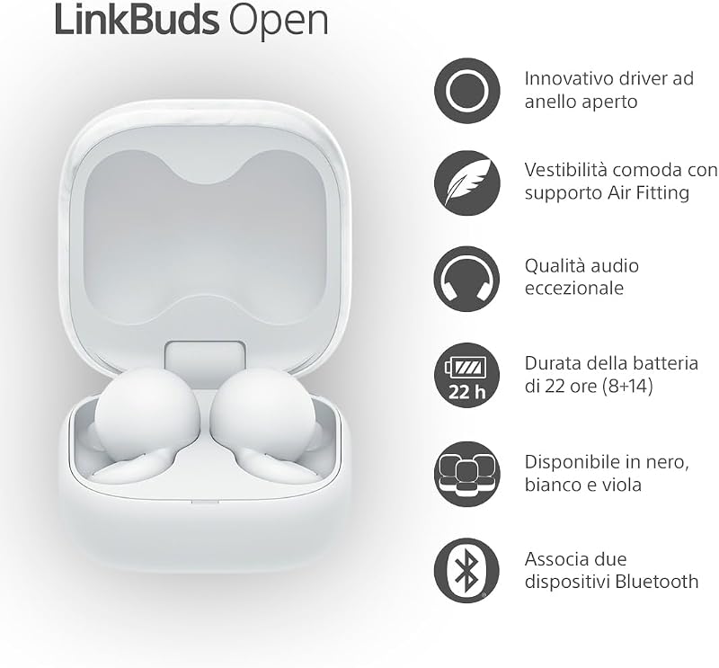 LinkBuds Open – Cuffie Bluetooth True Wireless Aperte - Suono trasparente, comfort, 4,8 g, Alta qualità del suono, IPX4, connessione Multipoint, batteria fino a 22 ore, iOS e Android – White