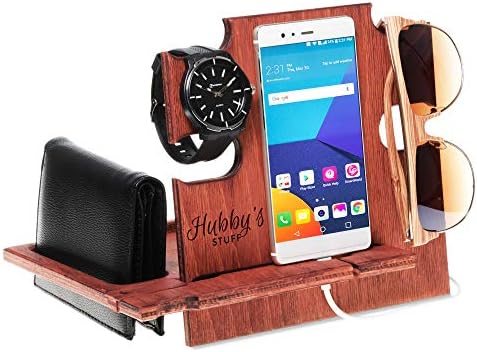 Hubby's Gift, Docking Station, Anniversary Gift, Gift for Men, Gift for Him, Charging Station - Christmas Gift, Cell Phone Stand, Desk Organizer, Docking Station Hubby's Stuff (1- Mahogany)