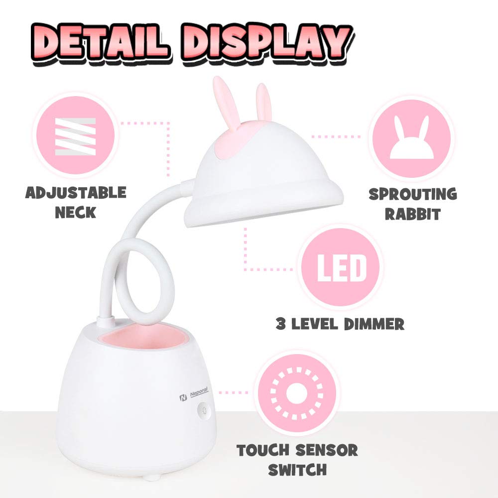Neporal Led-Desk-Lamp-for-Kids-with-USB-Charging-Port 3 Brightness Adjustable Eye Caring Table Lamps Touch Control with Adjustable Gooseneck Wireless Study Lamp with Pen Holder for Kids Bedroom