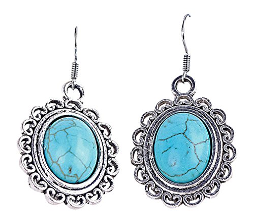 FanC, Women's Silver Plated Oval Aztec Style Turquoise Pendant Dangle Earrings