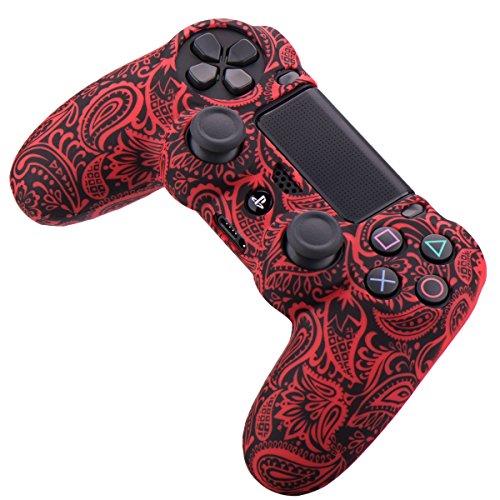 YoRHa Water Transfer Printing Flowers Silicone Cover Skin Case for Sony PS4/slim/Pro Dualshock 4 Controller x 1(red) with Pro Thumb Grips x 8