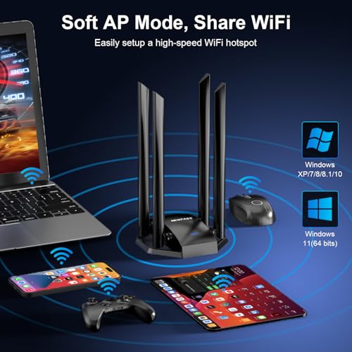 NEWFAST 1300Mbps USB WiFi Adapter for Laptop/PC Dual Band WiFi Dongle for Win 11/10/8/8.1/7, 4x 6dBi High Gain Antennas, Wireless Network USB3.0 Wireless Adapter, 802.11ac/b/g/n