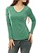 Allegra K Women's Striped V Neck Baseball Tee T-Shirts Long Raglan Sleeve Top Medium Green