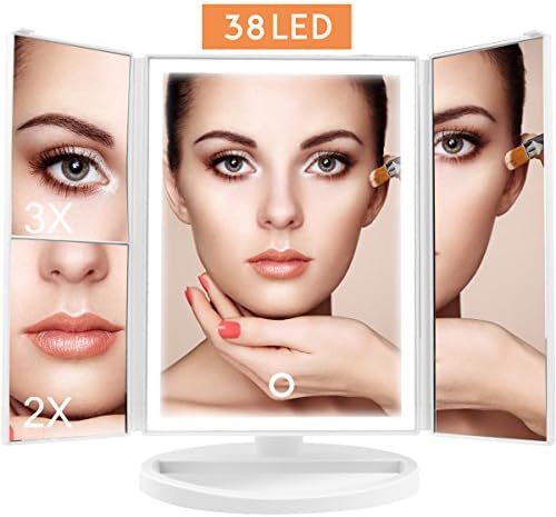 Lighted Makeup Vanity Mirror with Lights and Magnification, 38 LED 3X 2X 1X Magnifying Trifold Tabletop  Light Up Cosmetic Mirror, Touch Screen Diammable, Batteries or USB Operated