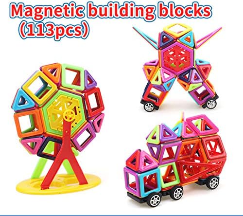 JRing Kids Magnetic Building Blocks Set, DIY Magnet Blocks Set 3D Educational Toys, with Instruction Booklet and Free Stickers (113Pack)