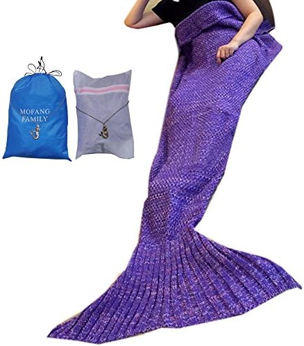 MOFANG FAMILY Soft Mermaid Tail Blanket Sofa Quilts Sleeping Bag for kids Adult 71"x36" PURPLE with Carry Pouch and Washing Bag