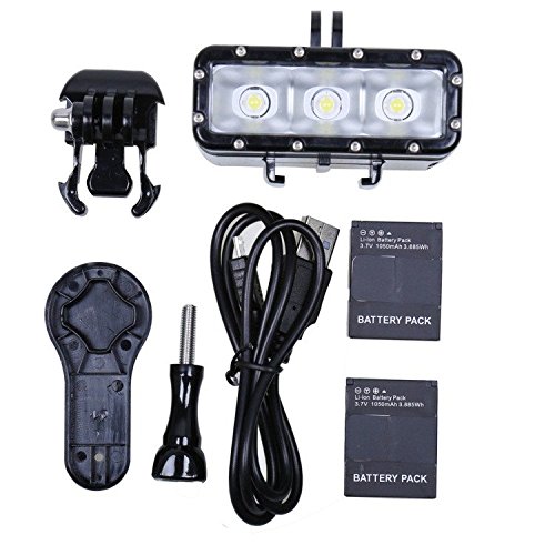 JEERUI NEWEST Accessories For Go Pro Underwater Diving Light waterproof LED video light + buckle mount For GoPro Session/Hero4/3+/3/Xiaomi,Double battery,Black