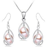 HENGSHENG Pearl Jewelry Set For Women S925 Sterling Silver/14K Gold Plated Necklace & Earrings Set Freshwater Pearl Pendant Cage Set for Wedding Anniversary Prom Birthday Gift