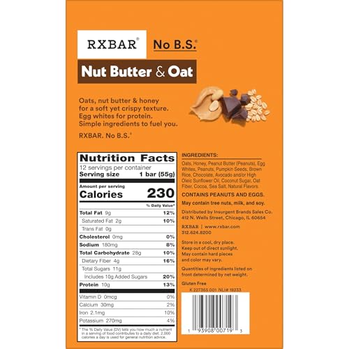 RXBAR NUT BUTTER AND OAT PROTEIN BARS, PROTEIN SNACKS, SNACK BARS, DARK CHOCOLATE PEANUT BUTTER, 23.2OZ BOX (12 COUNT)