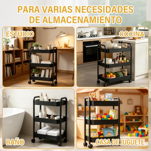 KIROGILY Carrito Organizador 3 Niveles, Carrito Organizador con Ruedas de Metal, Carritos Auxiliar con 4 Ganchos y 3 Cajas, Carritos de Servicio para Cocina Baño Estética (Negro)