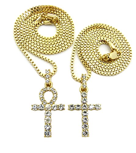 Egyptian Iced Out Ankh, Cross Pendant 20",24",27",30" Various Chain 2 Necklace Set in Gold Tone