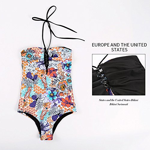 DFXIU Costume Intero Donna da Bagno Retro Tankini Costumi da Mare Sexy Fronte Fiori Blu Nero Donne Monokini Pezzo Intero(EU32-40)