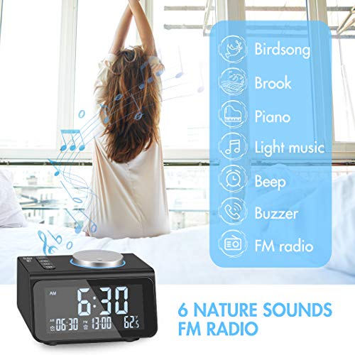 Small Digital Alarm Clock Radio - Dual Alarm, 7 Wake-up Sounds, Display Dimmer, 2 USB Charger, Sleep Timer, Easy to Set, Thermometer, FM Radio Clock w/Battery Backup for Bedrooms, Office, Desk, Travel