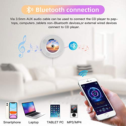 Ranipobo Portable CD player Bluetooth wall-mountable with remote control for children, FM radio Built-in hi-fi speaker, supports USB / MP3 / 3.5 mm headphone jack / (white)