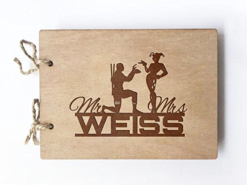 Wedding Guest book (wood) - notebook - Deadpool Proposing Harley Personalized