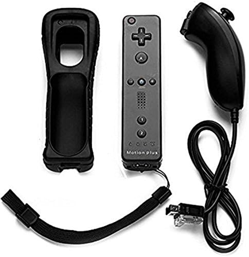Built-in Motion Plus Remote &amp; Nunchuck Controller For Wii + Silicone Case + Wrist Strap for Nintendo Wii/Wii U-MEGIA (Black)