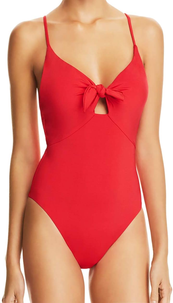 Trina Turk One Piece Swimsuit Plunge V Neck High Cut Leg Bow Front Bathing Suit Red Trina Turk One Piece Swimsuit Plunge V Neck High Cut Leg Bow Front Bathing Suit Red