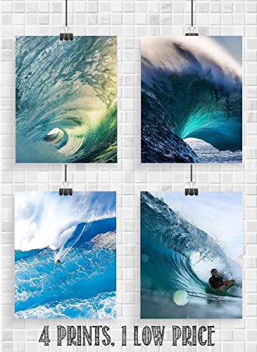 Surfing Lovers Monster Wave- Beah Wall Art, Ocean and Surfing Themed Wall Decor Print Is Ideal For Home Decor, Bedroom Wall Art, Great House Decor, Office Decor, Unframed - 8x10 (4-PK)
