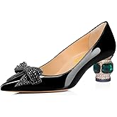 FSJ Women Pointed Toe Crystal Pump Rhinestone Bow Block Low Heel Slip On Comfy Date Shoes Size 4-16 US
