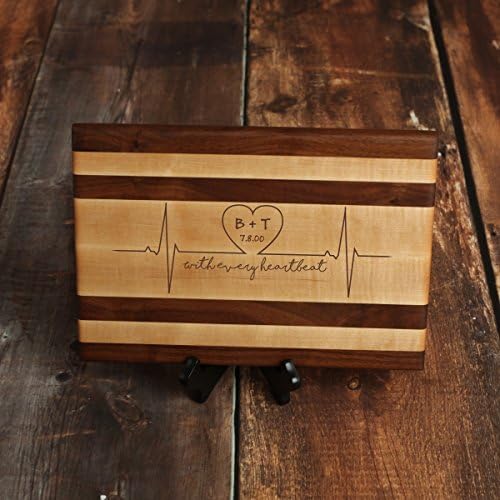 Custom Cutting Board, Personalized Cutting Board, Wedding Gift, Personalized Wedding Gift, Heartbeat and Initials with Stripes