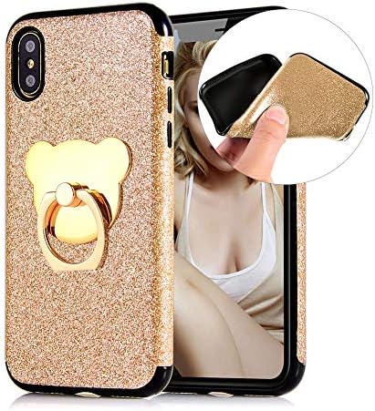 Cestor Glitter Case for iPhone XS Max,Luxury Bling Diamond Sparkle Flash Powder Back Cover Shockproof Flexible Soft TPU Case with Cute Bear Ring Holder Kickstand for iPhone XS Max,Gold