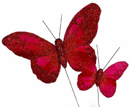 Red Feathered with Glitter Artificial Butterflies in 2 Assorted Sizes - Package of 12